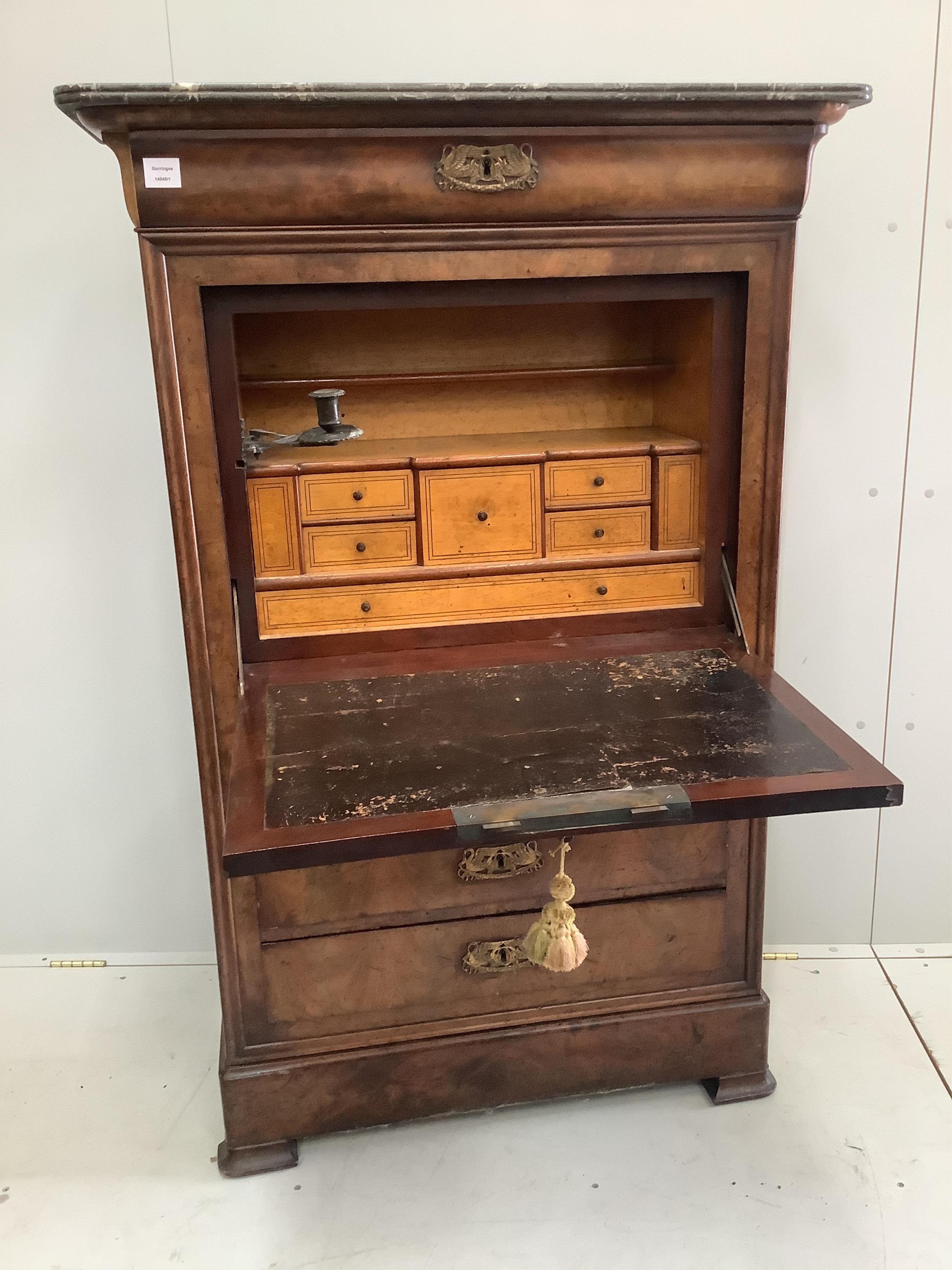 A 19th century marble topped mahogany secretaire à abbatant, width 96cm, depth 43cm, height 148cm. Condition - fair